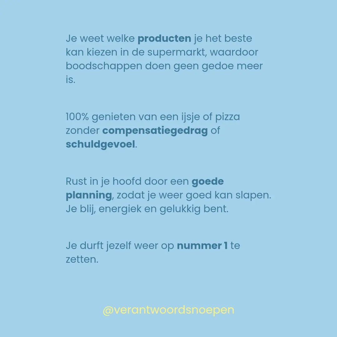 Zet jij jezelf ook weer op nummer 1?
We hebben het allemaal voor elkaar, een mooie carrière, een prachtig gezin en groot sociaal netwerk. Toch vergeten we vaak 1 ding.. onszelf!😱
Hierdoor slaap je slechter, voel je je futloos en heb je geen idee wanneer je ook nog moet sporten. Al die keuzes in de supermarkt en die schreeuwende claims op de verpakkingen maken het er niet makkelijker op. 😔
Kies je een keer voor een ijsje of pizza, voel je je meteen schuldig en ga je compenseren.
Je hebt alle diëten geprobeerd en bent de ruzie met de weegschaal helemaal zat.
Het wordt tijd om jezelf op nummer 1 te zetten! 💪
Je verdient het om je gelukkig, blij en energiek te voelen! 💞
Je verdient het om geen compensatiegedrag en schuldgevoel meer te hebben! 🥰
Je verdient het om tijd en plezier te krijgen in bewegen. 😉
You can do it! 💪
Voel jij je weleens schuldig na het eten van een ijsje of pizza?
#verantwoordsnoepen #verantwoordafvallen
#verantwoordelevenstijl #leefstijladvies #leefstijlverandering #leefstijlexpert #leefstijlcoaching #afvallen #afvallenzonderhonger #afvallenzonderdieet #geendieet #nodiet #gezond #gezondeten #gezondelevensstijl #gezonderelatiemeteten #gezonderecepten #etikettenlezen #etiketten #boodschappen #productvergelijking #bewegenisgezond #bewegen #slaap #mindset #minderstress