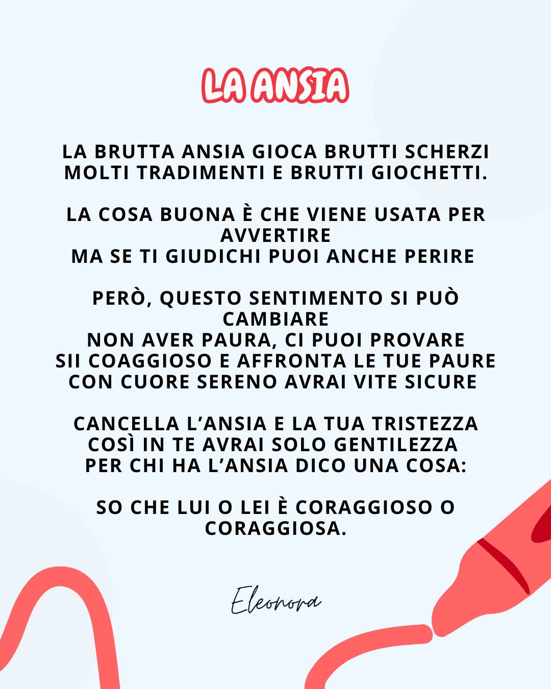 Eleonora ha trasformato l’ansia in parole, regalandoci uno specchio in cui riconoscerci. ✨
In questa poesia ci ricorda che l’ansia avverte, spaventa, confonde... ma non definisce mai chi siamo. È un rumore di fondo, a volte assordante, ma non è il nostro nome.
Ricordiamocelo sempre: chi convive con l'ansia non è fragile. Chi affronta ogni giorno nonostante quel peso è una persona coraggiosa. Sempre. 🤍
Parole di Eleonora ✨
#Ansia #Poesia #Coraggio #SaluteMentale #Consapevolezza #Eleonora #ForzaInteriore #ParoleCheCurano