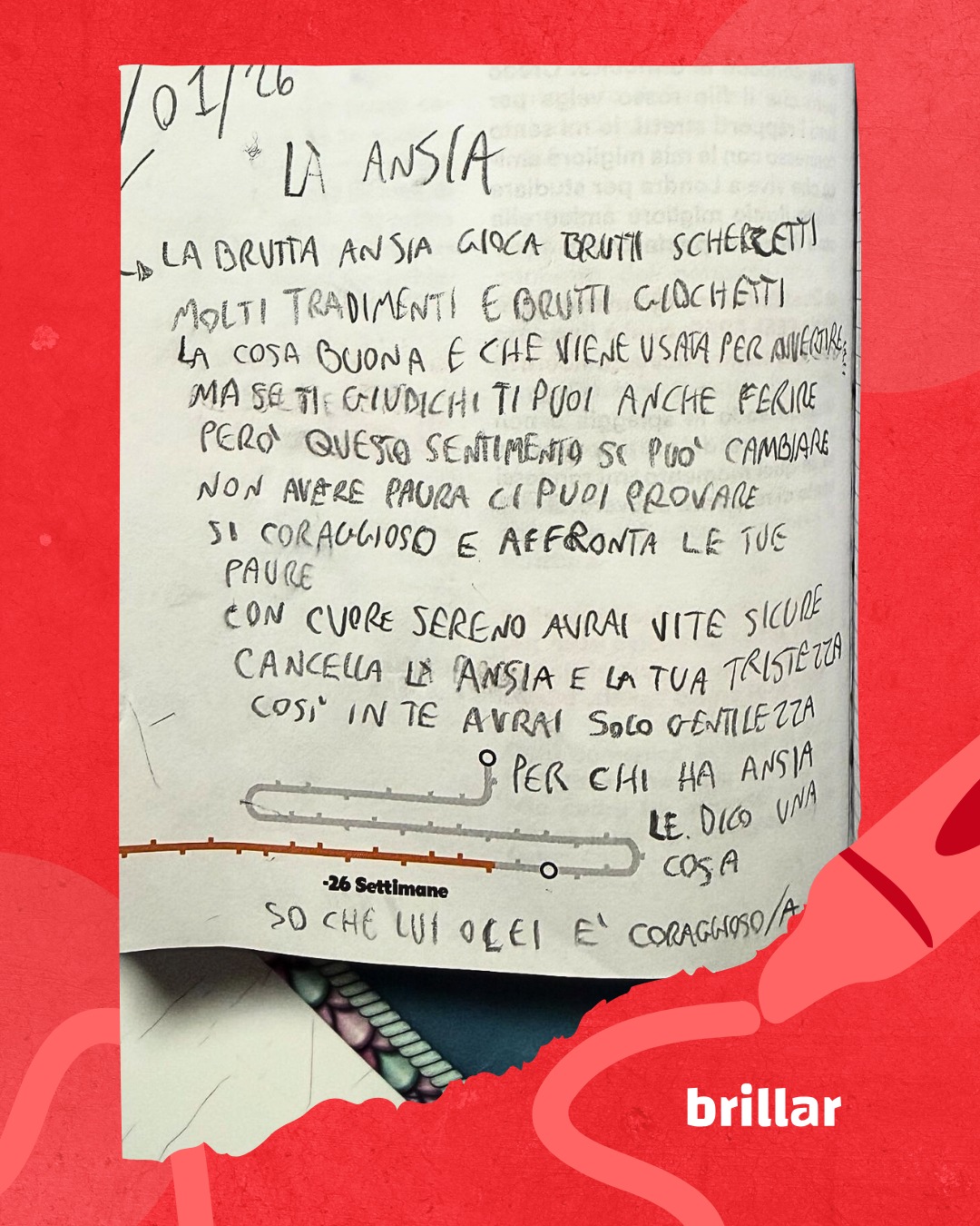 Eleonora ha trasformato l’ansia in parole, regalandoci uno specchio in cui riconoscerci. ✨
In questa poesia ci ricorda che l’ansia avverte, spaventa, confonde... ma non definisce mai chi siamo. È un rumore di fondo, a volte assordante, ma non è il nostro nome.
Ricordiamocelo sempre: chi convive con l'ansia non è fragile. Chi affronta ogni giorno nonostante quel peso è una persona coraggiosa. Sempre. 🤍
Parole di Eleonora ✨
#Ansia #Poesia #Coraggio #SaluteMentale #Consapevolezza #Eleonora #ForzaInteriore #ParoleCheCurano