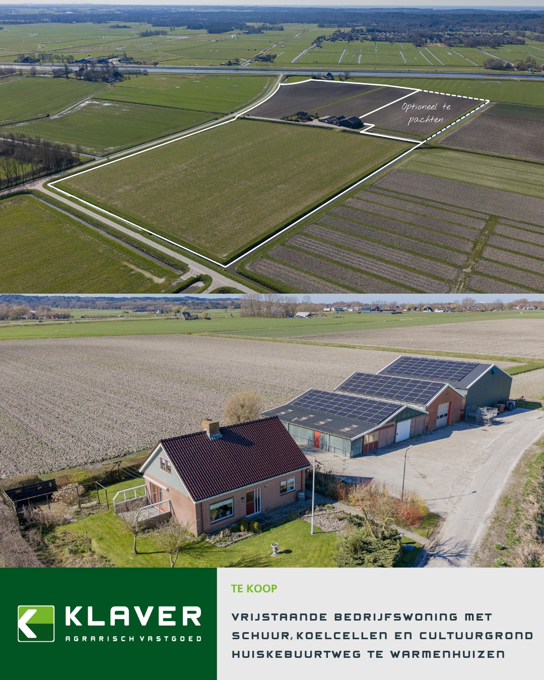 𝗪𝗼𝗻𝗲𝗻 𝗲𝗻 𝗼𝗻𝗱𝗲𝗿𝗻𝗲𝗺𝗲𝗻 𝗮𝗮𝗻 𝗱𝗲 𝗛𝘂𝗶𝘀𝗸𝗲𝗯𝘂𝘂𝗿𝘁𝘄𝗲𝗴 𝟭𝟴 𝘁𝗲 𝗪𝗮𝗿𝗺𝗲𝗻𝗵𝘂𝗶𝘇𝗲𝗻 🌾🏡Klaver Agrarisch Vastgoed biedt namens opdrachtgever deze vrijstaande bedrijfswoning met schuur, koelcellen en circa 8 hectare cultuurgrond aan. Het geheel ligt op een rustige, landelijke locatie met vrij uitzicht over de omliggende landerijen en biedt een mooie combinatie van wonen en werken.De woning is levensloopbestendig en praktisch ingedeeld. Op het erf bevinden zich een ruime schuur, twee koelcellen en zonnepanelen, wat bijdraagt aan een duurzame bedrijfsvoering. De cultuurgrond ligt grotendeels rondom het erf en is goed ontsloten.Een mogelijkheid is om de woning met schuurruimte op circa 4.000 m² los aan te kopen.Wilt u op de hoogte blijven van het nieuwste aanbod? Meld u aan voor de KlaverGoed; een e-mailbericht waarin wij ons nieuwste aanbod presenteren.