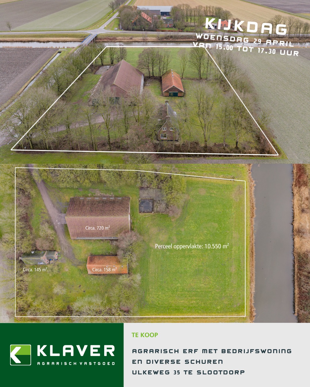 𝗨𝗹𝗸𝗲𝘄𝗲𝗴 𝟯𝟱 𝗦𝗹𝗼𝗼𝘁𝗱𝗼𝗿𝗽🏡
De verkoop van dit agrarisch erf met woning en bedrijfsopstallen verloopt via een openbare inschrijving, namens het Rijksvastgoedbedrijf.De belangrijkste data:
• Start inschrijving: 2 april 2026
• Kijkdag: woensdag 29 april 2026 van 15:00 tot 17:30 uur
• Sluiting inschrijving: donderdag 28 mei 2026 om 12:00 uur
• Gunning: in beginsel 25 juni 2026Het inschrijfformulier is op te vragen via Klaver Agrarisch Vastgoed en dient te worden ingediend bij Welkers Notarissen te Wieringerwerf.Meer informatie en documentatie zijn beschikbaar via onze website. Interesse? Wij informeren u graag.Wilt u op de hoogte blijven van het nieuwste aanbod? Meld u aan voor de KlaverGoed; een e-mailbericht waarin wij ons nieuwste aanbod presenteren.