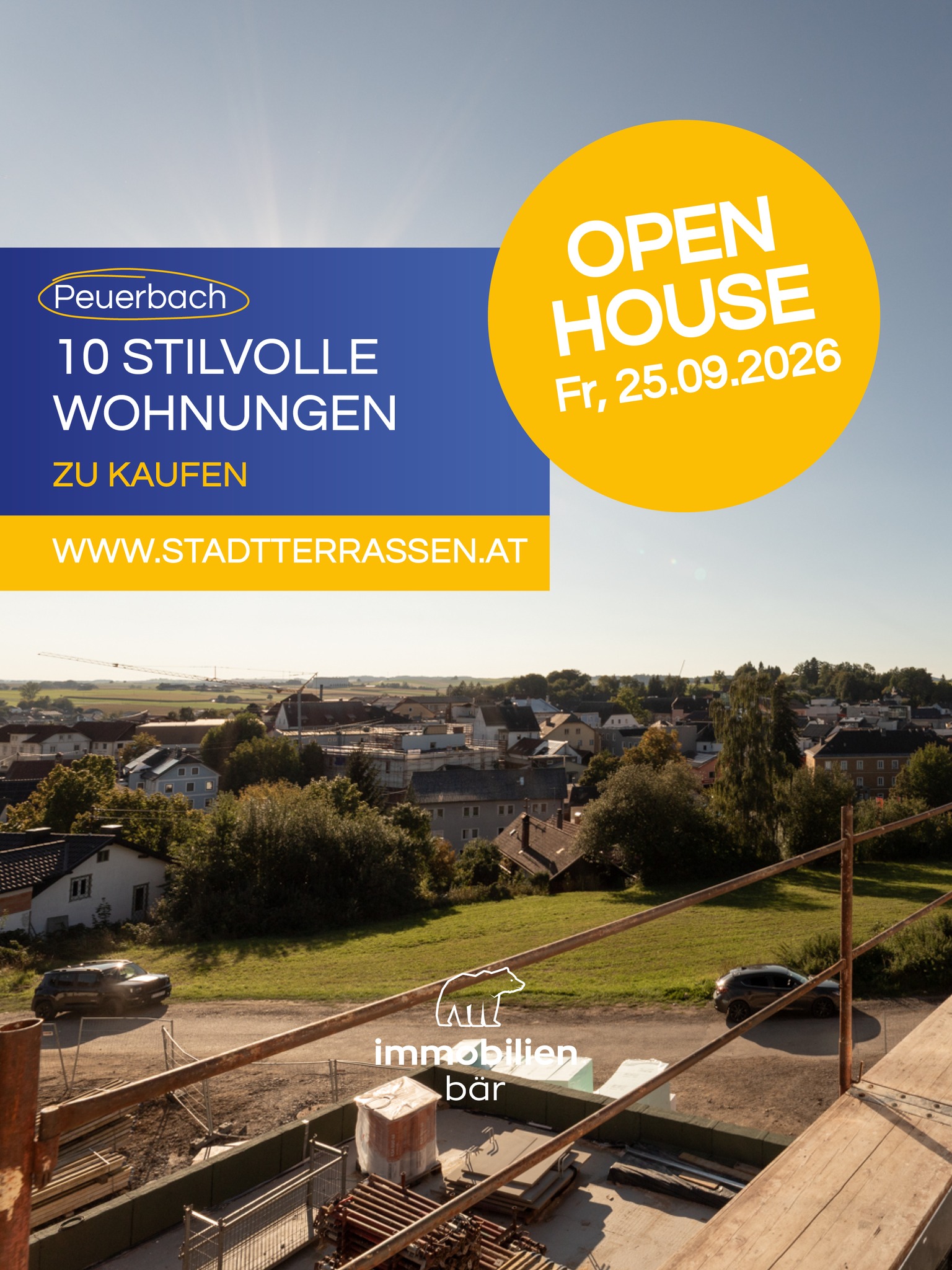 🏡 Großes Open House bei den Stadtterrassen Peuerbach! 🎉
📅 25.09.2026 | 13:00 bis 17:00 Uhr
Wir feiern den Abschluss der ersten Bauphase und du bist herzlich eingeladen! 🥂
👀 Schau dir den aktuellen Baufortschritt an und entdecke bei einer exklusiven Baustellenführung unsere Wohnungen. Von der gemütlichen Singlewohnung bis zum großzügigen Penthouse mit traumhafter Aussicht.
🤝 Triff die Bauträger vDrei Group & Waizenauer persönlich und erfahre mehr über dein zukünftiges Zuhause.
🍹 Dazu gibt’s Drinks, Snacks und La dolce Vita in Peuerbach!
👉 Jetzt anmelden unter: https://immobaer.at/stadtterrassen/ und Baustellenführung sichern!
Wir freuen uns auf dich! ❤️
#StadtterrassenPeuerbach #Peuerbach #OpenHouse #Neubau #Immobär #Immobilien #Oberösterreich