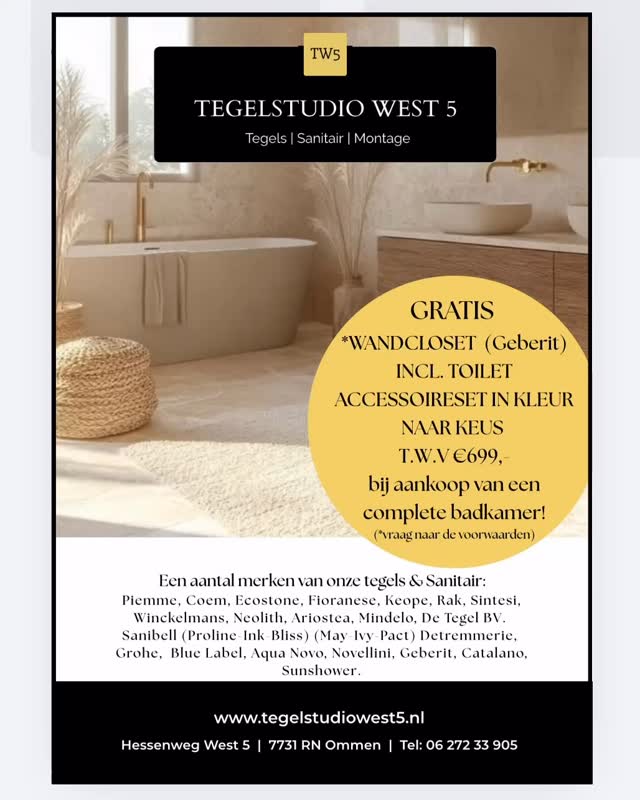 Bij aankoop van een COMPLETE BADKAMER geven wij een WANDCLOSET (Geberit) EN EEN TOILET ACCESSOIRE SET in kleur naar keus ter waarde van €699,- KADO!! Kom gezellig langs bij ons in de showroom en laat je informeren, adviseren & Inspireren! Wij helpen en denken graag mee met het uitzoeken & ontwerpen van uw nieuwe badkamer en bekijken samen met u wat mogelijk is! TEGELSTUDIO WEST 5 Hessenweg West 5 7731 RN Ommen. #bathroomdesign #tiles #trends #badkamerrenovatie#ommen