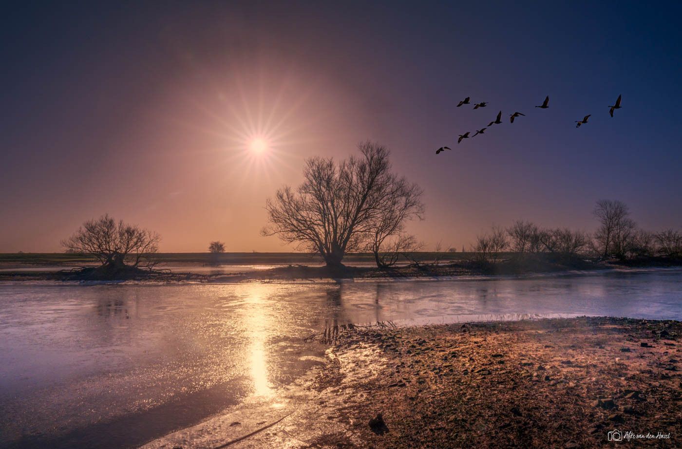 View of the IJssel near Doesburg, the ice reflects the...