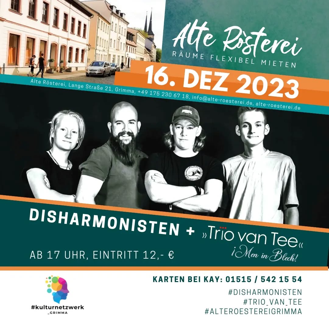 Am 16.12.2023 laden die Disharmonisten & das Trio van Tee zum Konzert.
Beginn ist 17 Uhr, der Eintritt beträgt 12€. Da die Anzahl der Plätze begrenzt ist würden wir uns über eine Voranmeldung freuen. Natürlich könnt ihr trotzdem auch gern spontan vorbeischauen.
Übrigens, an dem Tag ist in der Altstadt zudem auch Weihnachtsmarkt, falls ihr davor/danach noch etwas unternehmen möchtet. :)
@disharmonisten @trio_van_tee @kulturnetzwerk_grimma #alteroestereigrimma #alterösterei #alteroesterei #grimma #advent #adventingrimma #muldecities #landkreisleipzig #leipzigermuldenland #konzertingrimma