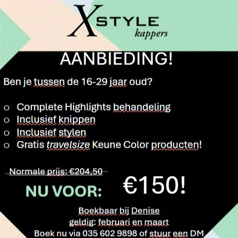 β¨ Zin in een frisse look? β¨
Ben jij tussen de 16β29 jaar en toe aan iets nieuws voor je haar?
In februari & maart kun je bij @denisevanrouwendaal terecht voor een
πββοΈ complete highlights behandeling
βοΈ incl. knippen & stylen
π + gratis travelsize Keune product
πΈ Normaal β¬204,50 β nu voor β¬150! β οΈ Bij gebruik van meer kleurrecepten, hanteren wij een meerprijs van β¬17,50 per extra recept
π² Boek snel via DM of bel 035 602 9898 (wees er snel bij vol=vol)
Letβs glow up your hair π