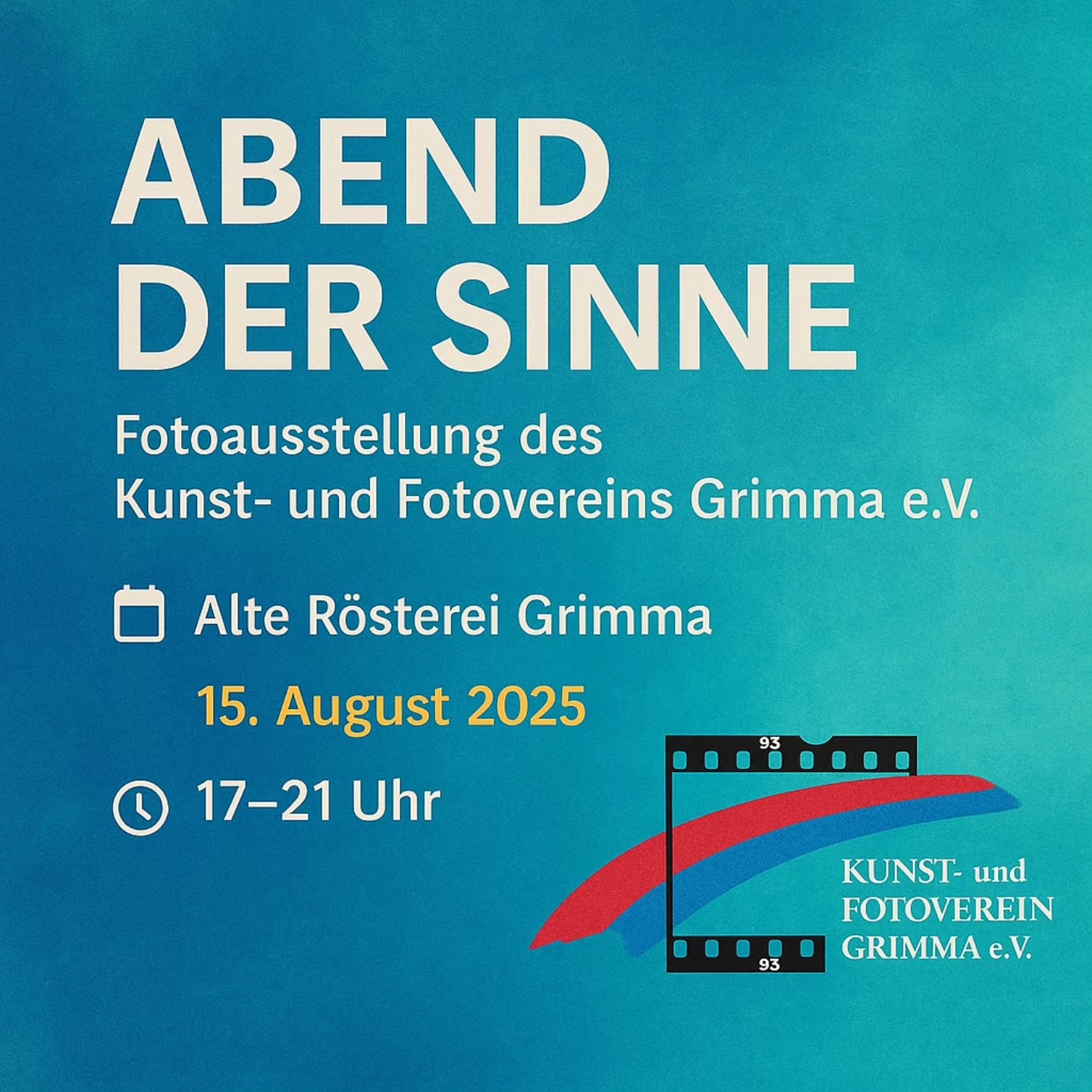 ✨ Abend der Sinne ✨
📍 Alte Rösterei Grimma
🕔 17–21 Uhr
Erlebt einen spannenden Querschnitt aus dem fotografischen Schaffen der Mitglieder des Kunst- und Fotovereins Grimma e.V. aus den letzten Jahren.
Nahezu alle fotografischen Genres sind vertreten – von Porträt- bis Landschaftsfotografie, über Sport- und Naturfotografie, bis hin zu Stillleben und Digi-Art.
Die Ausstellung ist im Innenhof und vor der Alten Rösterei zu sehen – stimmungsvoll inszeniert für einen besonderen Abend.
📷 Entdeckt besondere Perspektiven
🌇 Genießt die Abendstimmung
🎨 Lasst euch von Kunst & Fotografie inspirieren
#Grimma #Fotografie #Kunst #Kunstverein #Fotoverein #AbendderSinne #AlteRösterei #GrimmaEvents #Ausstellung #KulturinGrimma #alteroestereigrimma #Kulturnetzwerk_Grimma