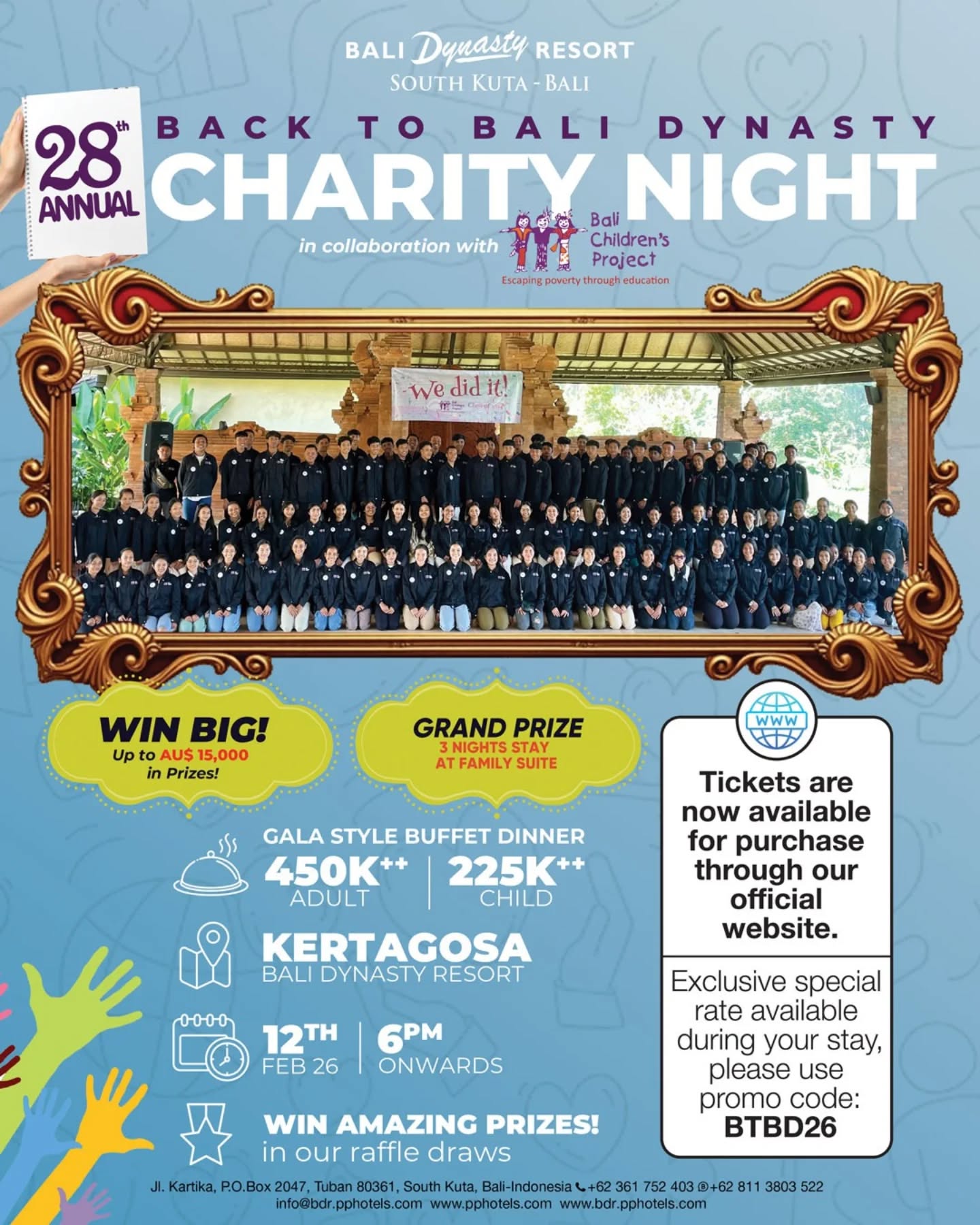 Come and join us for some delicious food and an amazing 15,000 AUD worth of prizes with Back to Bali Dynasty Charity Night, all to raise funds for Bali Children’s Project. @balidynastyresort have been fantastic supporters and this is a great chance for you to join them in helping support our work.
Get your ticket now by contacting @balidynastyresort
https://bdr.pphotels.com/28btbdparty/