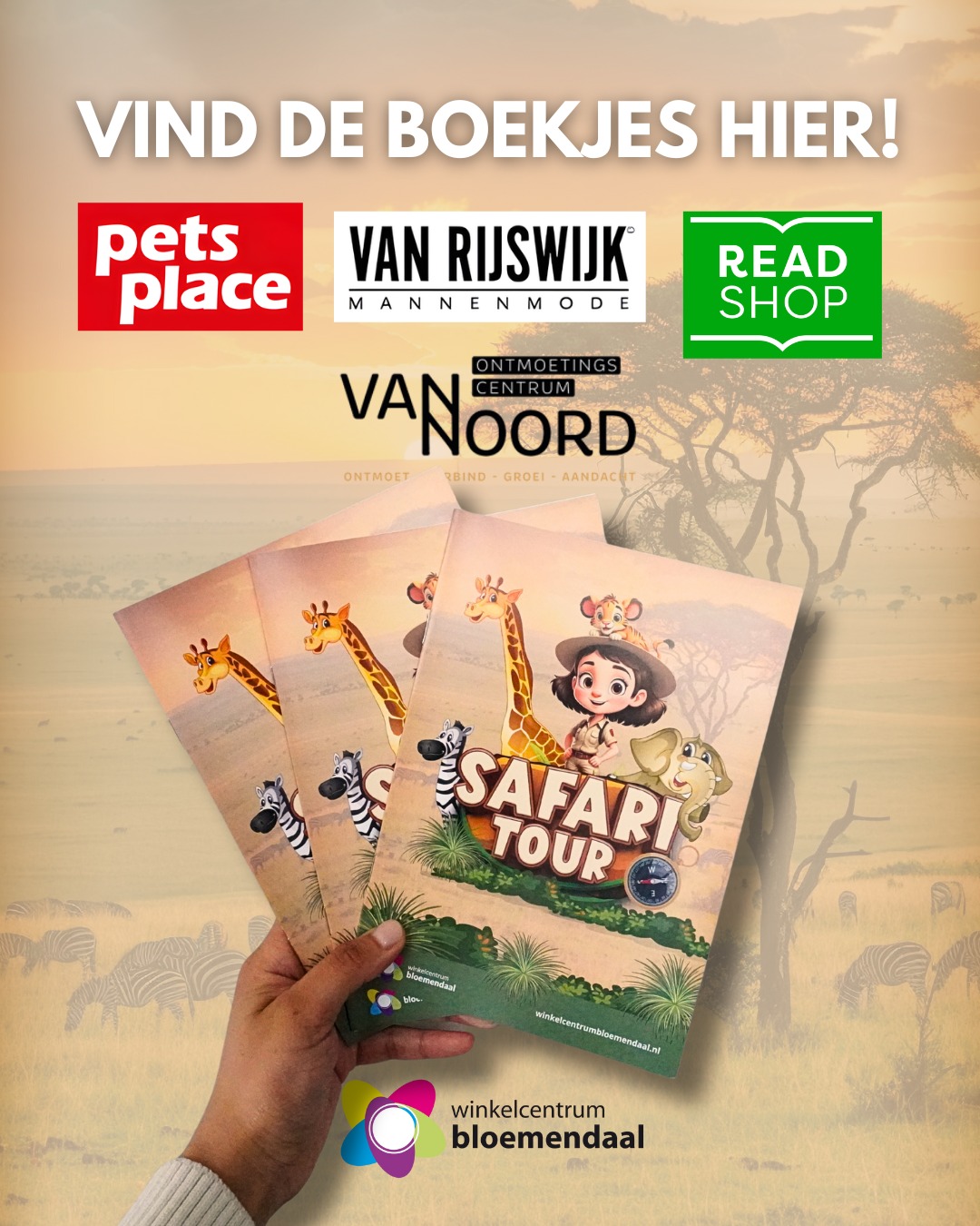 🦒 Op safari in Bloemendaal? Zo begin je! 🦓
Wil je meedoen aan de Safari Tour? Haal dan eerst een Safari-boekje op bij één van deze plekken in het winkelcentrum:
• Pets Place
• Van Rijswijk Mannenmode
• ReadShop
• Ontmoetingscentrum Van Noord
Met het boekje ga je op ontdekkingstocht langs de Safari Spots. Beantwoord de vragen, los de opdrachten op en ontdek samen het geheime woord.
Heb je het woord gevonden?
Scan de QR-code in het boekje, vul het woord in op de website en maak kans op tickets voor Safaripark Beekse Bergen 🎁🦁
Doe mee, ontdek en beleef een avontuurlijke safari in Winkelcentrum Bloemendaal!
#winkelcentrumbloemendaal #gouda #safaritour #familiedag #kinderactiviteit #winactie #dagjebloemendaal