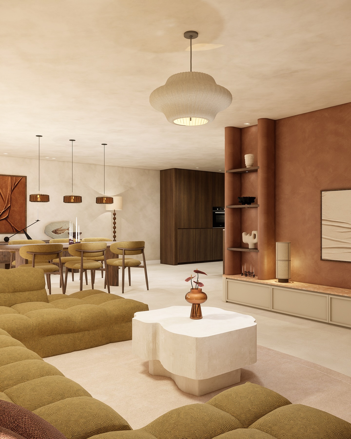 Of ik ook een interieurontwerp kon maken met meer kleur was de vraag van deze klant. Het gebruik van kleur hoeft niet uit te sluiten dat een interieur rustig en balans is. Voor dit ontwerp hebben we gekozen voor rood, roze, groen en oranjetinten gecombineerd met een strakke lichte gietvloer, zachte stoffen en terrazzo accenten. Het ronde raam in de woonkamer is een prachtig detail en geeft de woning karakter. Deze ronde vormen komen weer terug in de bank, eettafel, keuken, bureau en cinewall.
#interieurontwerp #interiordesign #interieuradvies #interieur #interieurplan