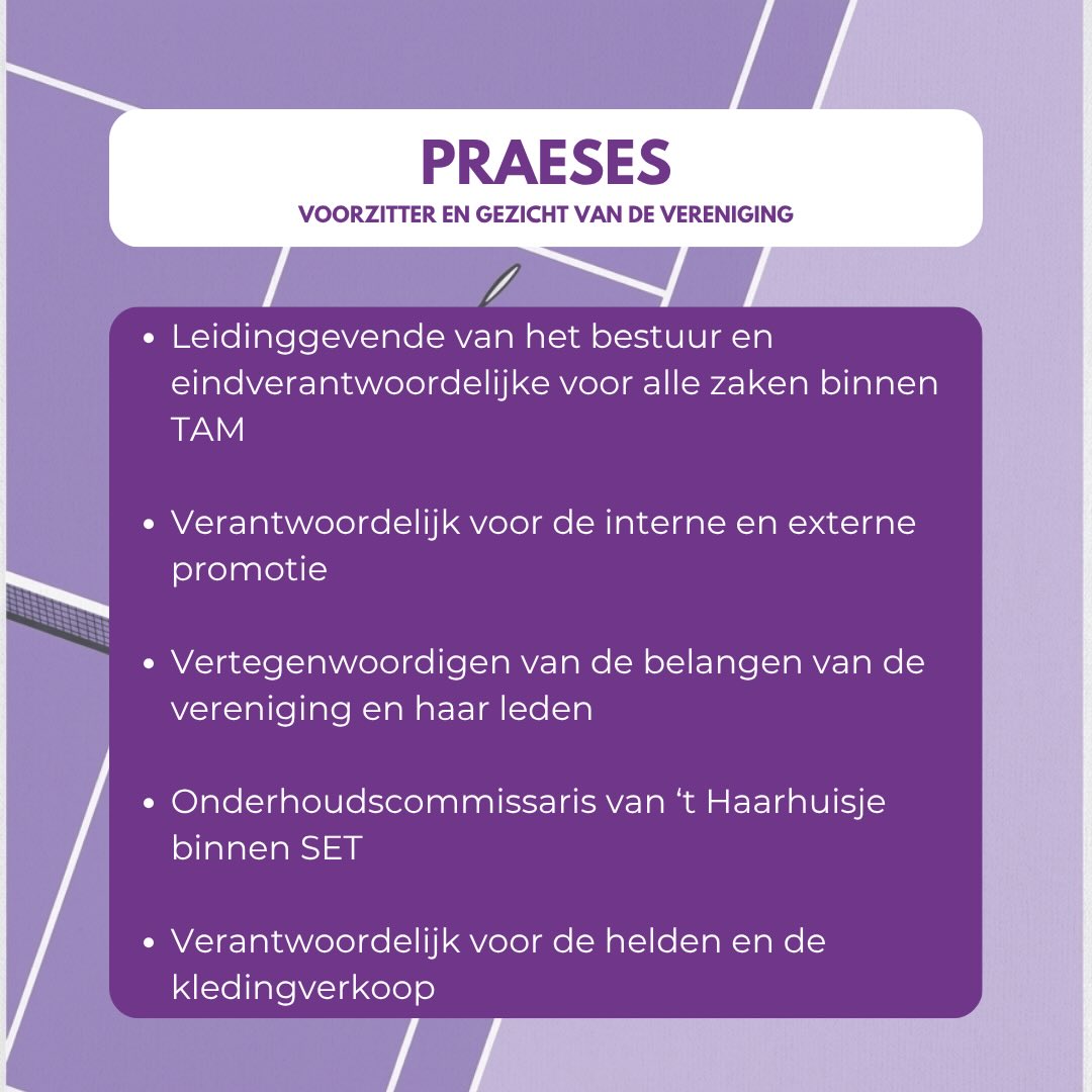 Word jij de nieuwe praeses?
Deadline 20 mei 2026
De komende tijd zullen we per functie de hoofdtaken van het TAM bestuur uitlichten.
Wil je meer weten over het praesesschap van TAM?
Schroom dan niet om contact op te nemen met Noor!
Dit kan via praeses@tam.nl of door te appen naar 06-22273187.
Ben je al helemaal overtuigd? Mail dan jouw CV + motivatie naar: sollicitatie@tam.nl