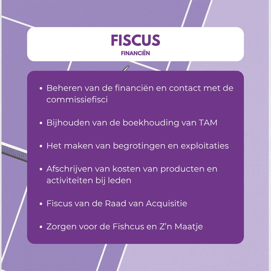 Word jij de nieuwe fiscus?
Deadline 20 mei 2026
De komende tijd zullen we per functie de hoofdtaken van het TAM bestuur uitlichten.
Wil je meer weten over het leven van een fiscus van TAM?
Schroom dan niet om contact op te nemen met Victor!
Dit kan via fiscus@tam.nl of door te appen naar 06-29880777.
Ben je al helemaal overtuigd? Mail dan jouw CV + motivatie naar: sollicitatie@tam.nl