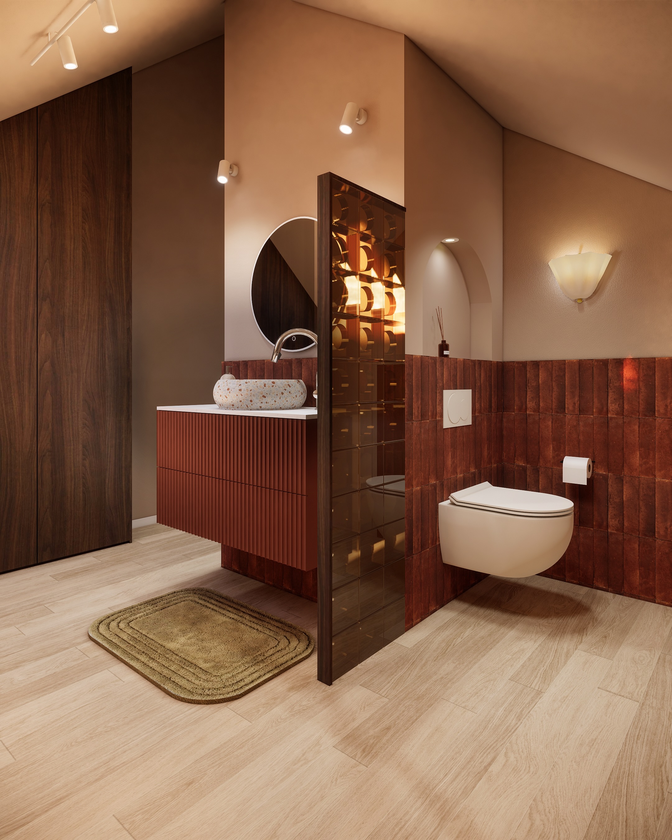 Voor de zolderkamer van project Castricum mocht ik een badkamer ontwerpen. De rood en groen tinten die we op de benedenverdieping hebben gebruikt hebben we ook doorgetrokken naar deze verdieping. De badkamer is voorzien van kastruimte, een wastafel, toilet en douche. We hebben gekozen voor geribbelde deuren met een boogdoorgang naar de douche en glasblokken om zo het geheel luchtiger te houden maar toch een gevoel van privacy te creëren.
#interieurontwerp #interiordesign #interieuradvies #badkamerontwerp #ensuitebadkamer