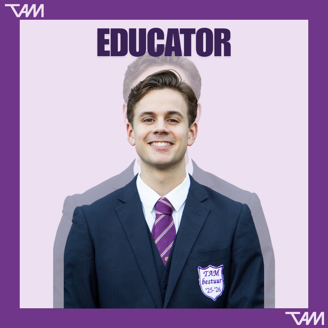 Word jij de nieuwe educator?
Deadline 20 mei 2026
De komende tijd zullen we per functie de hoofdtaken van het TAM bestuur uitlichten.
Wil je meer weten over het leven van een educator van TAM?
Schroom dan niet om contact op te nemen met Friso!
Dit kan via educator@tam.nl of door te appen naar 06-24422968.
Ben je al helemaal overtuigd? Mail dan jouw CV + motivatie naar: sollicitatie@tam.nl