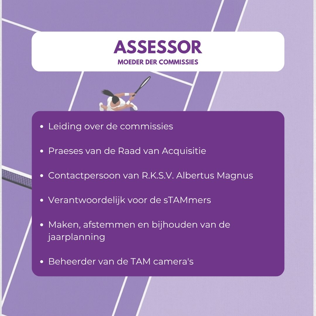 Word jij de nieuwe assessor?
Deadline 20 mei 2026
De komende tijd zullen we per functie de hoofdtaken van het TAM bestuur uitlichten.
Wil je meer weten over het leven van een assessor van TAM?
Schroom dan niet om contact op te nemen met Mare!
Dit kan via assessor@tam.nl of door te appen naar 06-31187644.
Ben je al helemaal overtuigd? Mail dan jouw CV + motivatie naar: sollicitatie@tam.nl