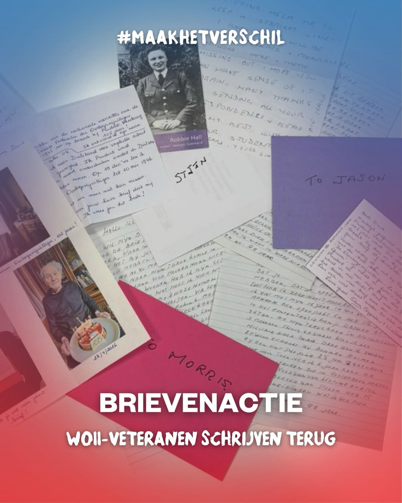 Twee maanden geleden ontvingen WOII-veteranen persoonlijke brieven van middelbare scholieren over wat vrijheid voor hen betekent. 💌 Naast woorden van dank stelden jongeren ook vragen aan de veteranen. In Nederland leven momenteel nog 24 WOII-veteranen, daarnaast zijn er ook buiten Nederland nog veteranen in leven.
De actie werd door de veteranen enorm gewaardeerd. Sommigen namen zelfs de tijd om persoonlijk terug te schrijven, waaronder Robbie Hall (103), die op 5 mei het Bevrijdingsvuur ontstak tijdens het Bevrijdingsfestival. 🔥
Een bijzonder voorbeeld van hoe jong en oud samen het verschil kunnen maken. Wat zou jouw vraag zijn aan een veteraan? #MaakHetVerschil