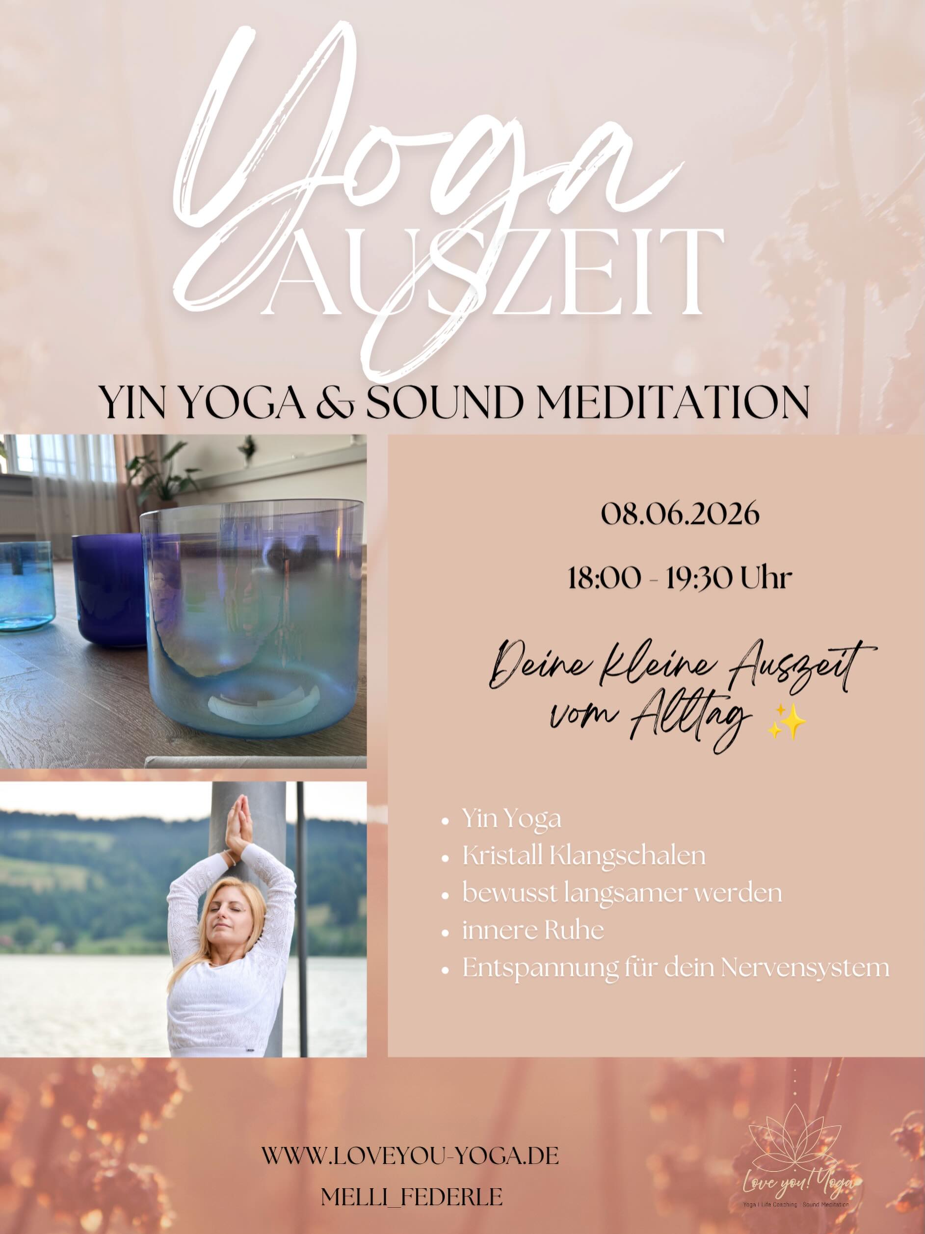 🌼 Yin Yoga & Sound Meditation 🎶
Mit dieser „kleinen“ Auszeit schenkst du dir Ruhe für deinen Körper, lässt deinen Geist runterfahren und regulierst behutsam dein Nervensystem. 🪷
Yin Yoga ist ein sehr ruhiger Yogastil.
Indem die einzelnen Asanas länger gehalten werden lösen sich gezielt Spannungen und dein Nervensystem kommt zur Ruhe.
Die sanften Klänge meiner Kristall Klangschalen unterstützen dich dabei noch tiefer in einen meditativen Zustand zu gelangen und runden die Yin Stunde harmonisch ab. 💛
🫧 Das ist genau deins oder du möchtest es mal ausprobieren, meld dich sehr gerne bei mir. 🫧
✨ Yin Yoga & Sound Meditation ✨
Ruhe finden mitten im Alltag 👌🏻
📆 08.06.2026
⏰ 18:00 - 19:30 Uhr
📍Sana-Studio, Streitheimer Str.22, Adelsried
🧘🏼♀️ www.loveyou-yoga.de
Ich freue mich darauf, diesen Abend mit dir zu verbringen 🌼🎶.
Deine Melli
#yogaaugsburg #yogaretreat #yinyoga #yinsoundhealing #augsburg