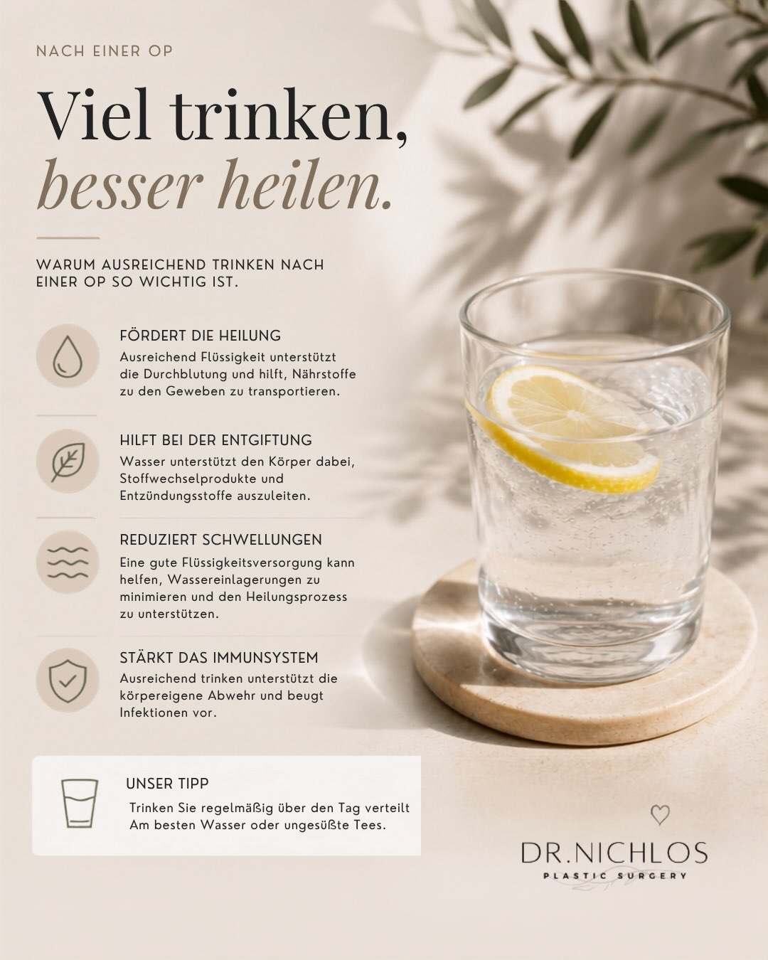 ☀️ Frisch operiert? Hitze ist nicht nur unangenehm, sondern kann auch die Heilung beeinflussen.
Gerade an heißen Tagen sollten Sie auf Folgendes achten:
💧 Viel trinken. Eine gute Flüssigkeitsversorgung unterstützt den Heilungsprozess.
☀️ Frische Narben konsequent vor UV-Strahlung schützen. Sonne kann dazu führen, dass Narben dauerhaft dunkler und sichtbarer werden.
🏊 Verzichten Sie auf Schwimmbad, See oder Meer, solange die Wunde nicht vollständig verheilt ist und Ihr Operateur sein Einverständnis gegeben hat.
🧴 Narbenpflege und Cremes erst anwenden, wenn die Wunde vollständig geschlossen ist und Ihr behandelnder Arzt sie empfohlen hat.
😌 Gönnen Sie Ihrem Körper ausreichend Ruhe. Hohe Temperaturen können Schwellungen verstärken und den Kreislauf zusätzlich belasten.
Eine gute Heilung braucht Zeit. Mit der richtigen Nachsorge unterstützen Sie Ihren Körper bestmöglich.
🇬🇧
☀️ Recently had surgery? Hot weather can affect your recovery.
Keep these tips in mind:
💧 Stay well hydrated.
☀️ Protect fresh scars from direct sunlight. UV exposure can make scars darker and more visible.
🏊 Avoid swimming in pools, lakes or the sea until your wound has healed completely and your surgeon gives you clearance.
🧴 Only use scar creams or skincare products once the wound is fully closed and your surgeon recommends them.
😌 Give your body the rest it needs. Hot weather can increase swelling and put additional stress on your circulation.
Proper aftercare supports the best possible healing.
✍️ KONTAKT | CONTACT ⤵️
📞 +49 69 663897034
✉️ info@dr-nichlos.de
🌐 www.dr-nichlos.de
🔗 Link in der Bio | Link in bio
#PlasticSurgery #Aftercare #Healing #SummerCare #Frankfurt