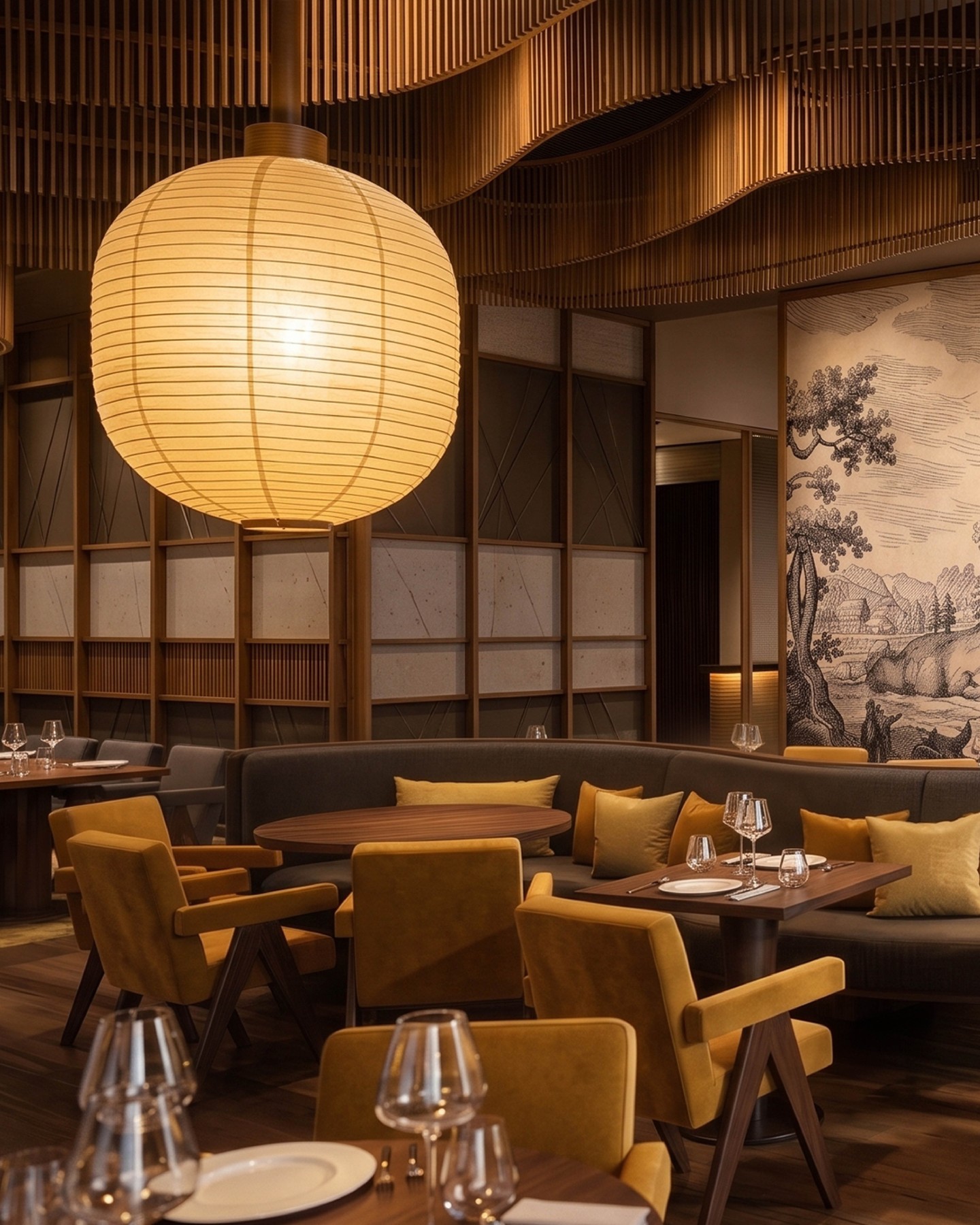 Japanese Restaurant Bavaria
This fine dining restaurant makes it possible to immerse yourself, both with regard to the atmosphere and in culinary terms, in the Far East right in the middle of Bavaria. The defining materials are natural stone and wood; they link the Asian to the Bavarian surroundings.
#KitzigStudios #KitzigIdentities #Restaurant #Interiordesign