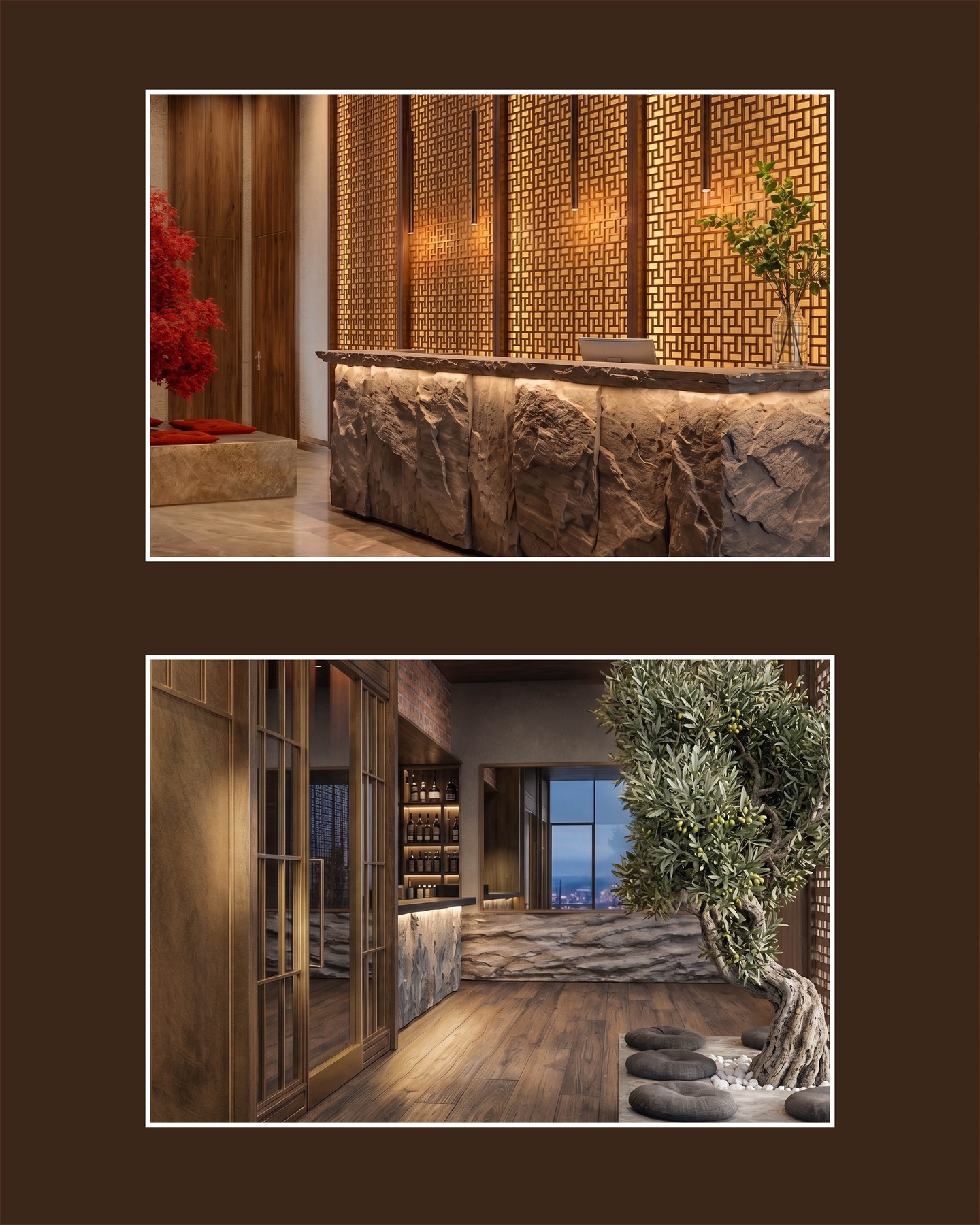 Japanese Restaurant Bavaria
This fine dining restaurant makes it possible to immerse yourself, both with regard to the atmosphere and in culinary terms, in the Far East right in the middle of Bavaria. The defining materials are natural stone and wood; they link the Asian to the Bavarian surroundings.
#KitzigStudios #KitzigIdentities #Restaurant #Interiordesign