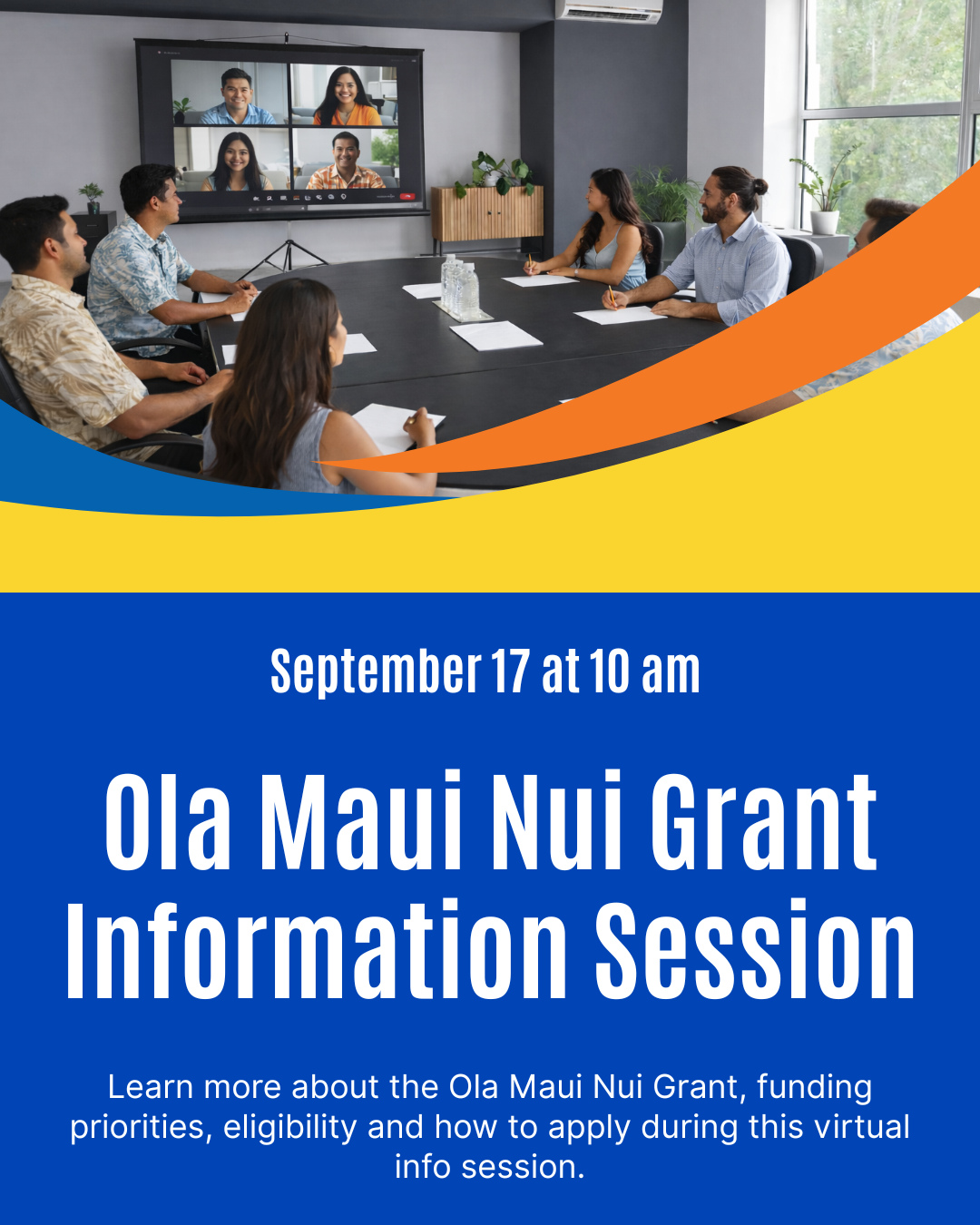 Nonprofit leaders, have questions about Ola Maui Nui Grant funding opportunity?
We plan to invest up to $2.7 million in FY26–27 through the Ola Maui Nui Grant program. Eligible nonprofits serving communities across Maui, Molokaʻi and Lānaʻi may request up to $100,000 to support programs, services and initiatives.
Join us for a virtual information session on Sept. 17 at 10 a.m. to learn more about our Ola Maui Nui Grant opportunity. Register in advance via Zoom and get answers to your questions before applying.
Register at the link in bio.
