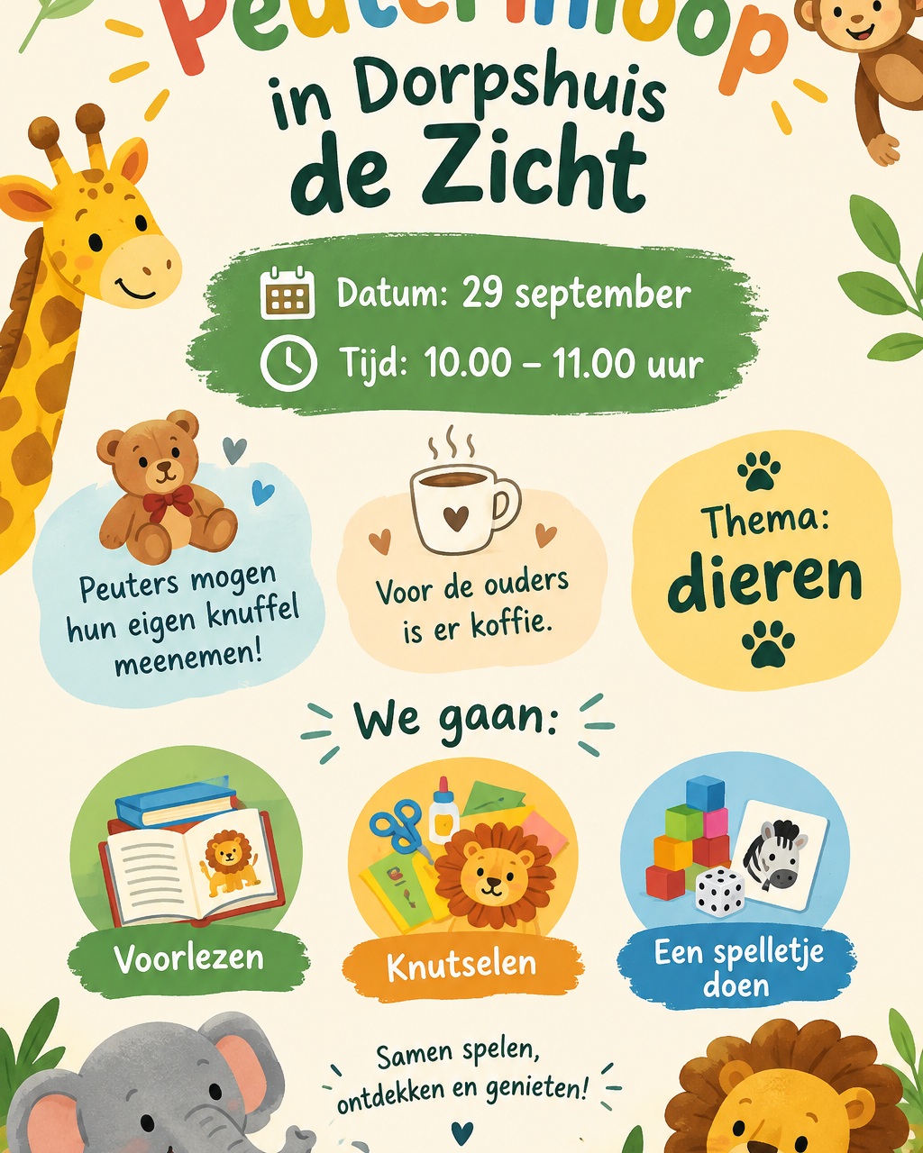 Kom je morgenvroeg ook gezellig met je peuter naar de peuterinloop? Samen met je peuter boekjes lezen, knutselen, een spelletje doen. We beginnen om 10 uur en opgeven is niet nodig. Enne.... peuters mogen deze keer hun eigen knuffel meenemen!!!!
